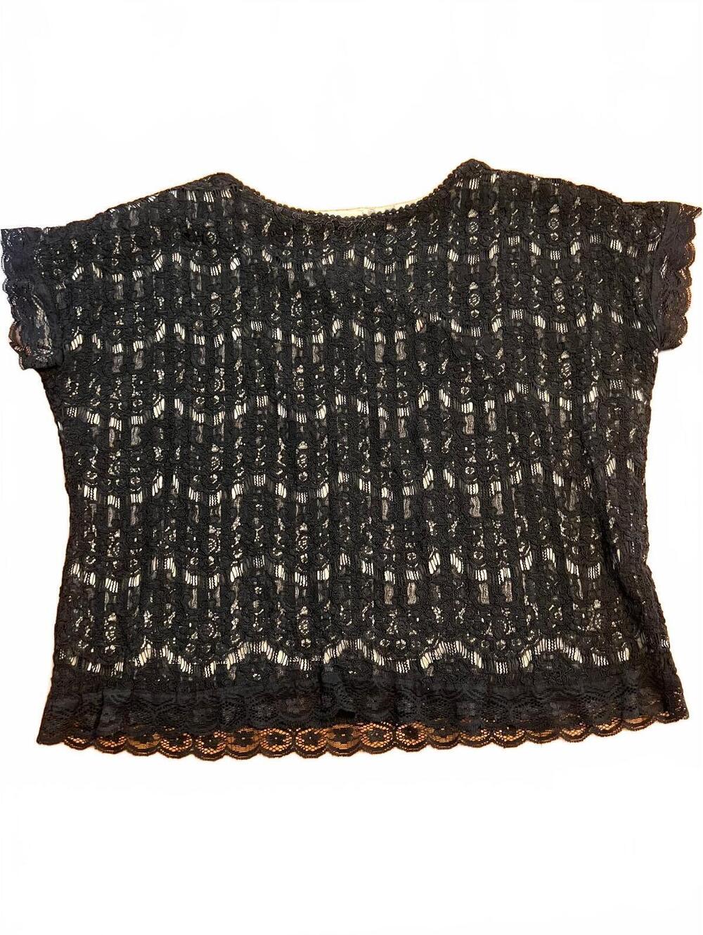 Royal Eve L Black Lace Short Sleeve Blouse with Striped Lining